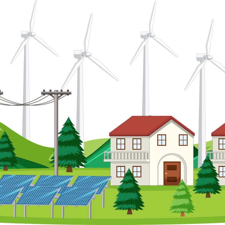 Scene with solar cell and wind turbines at home